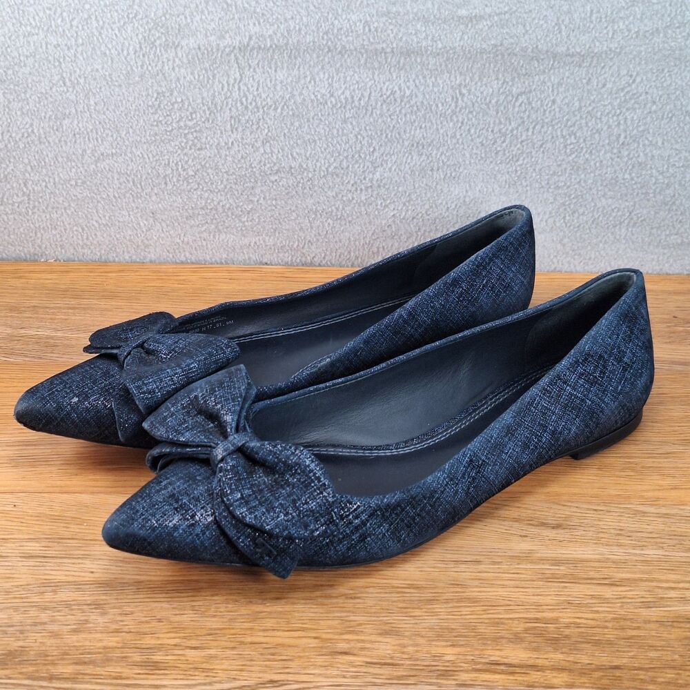 Tory Burch Rosalind Women's 9 Ballet Flats Navy Blue Printed Suede Bow Slip On